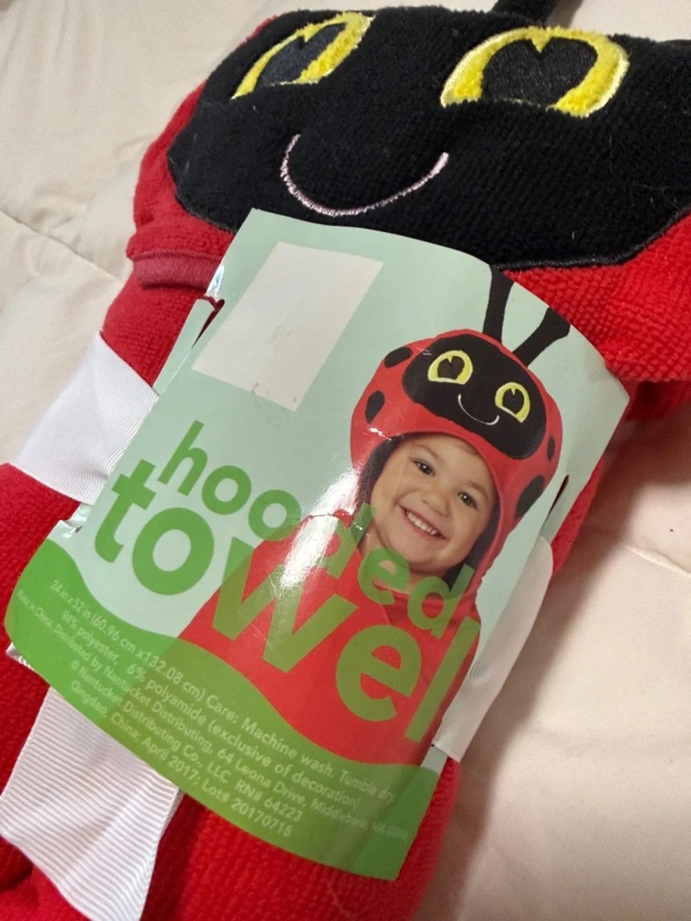 Red Ladybug Hooded Towel with Black & Yellow Face